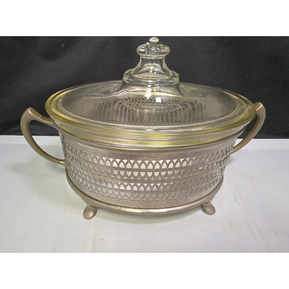 Pyrex Clear Oval Casserole Dish W/ Lid, Metal Stand